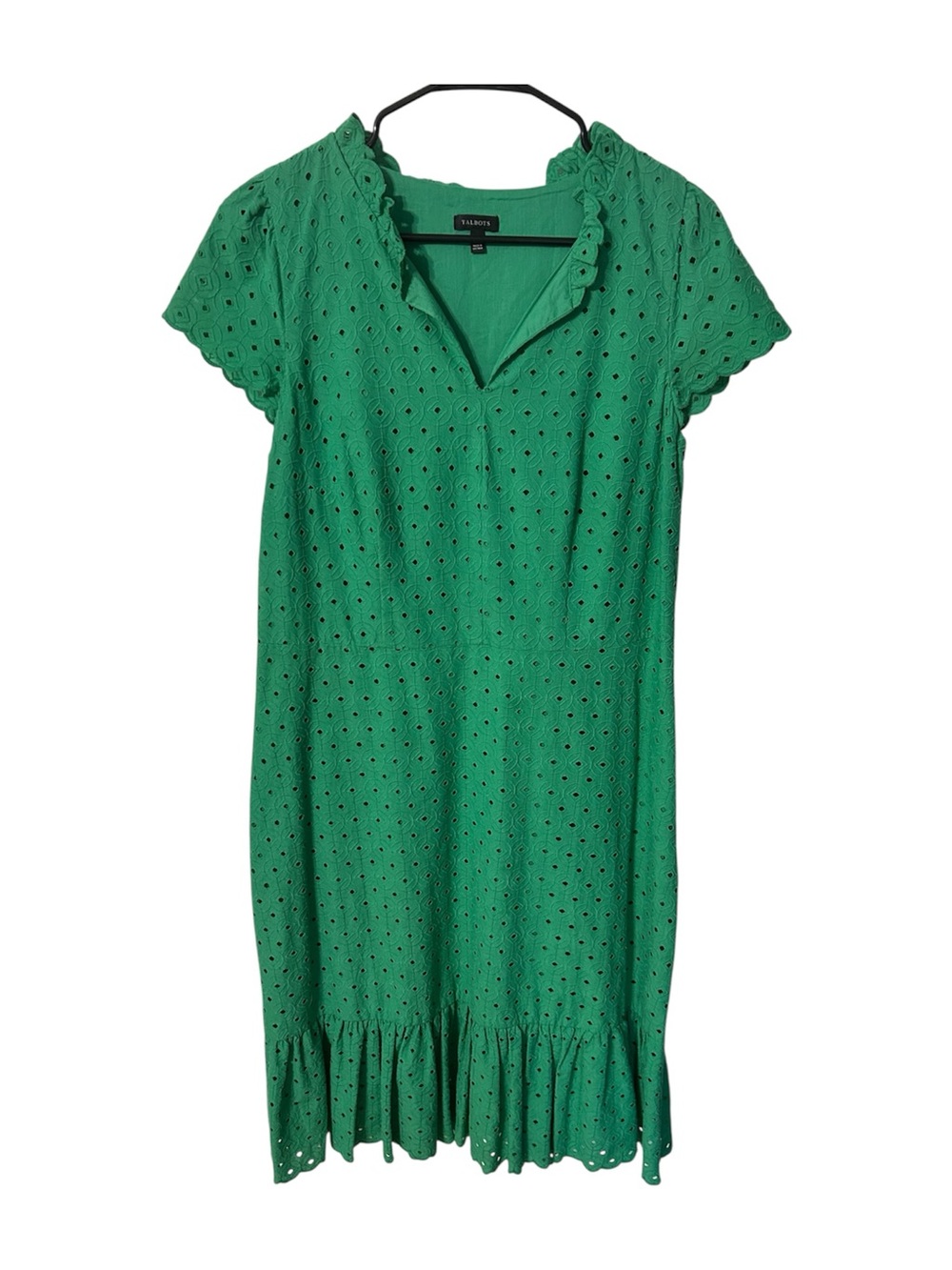 Talbots Eyelet Cotton Green Midi Dress Ruffle V-Neck & Tiered Ruffle Hem